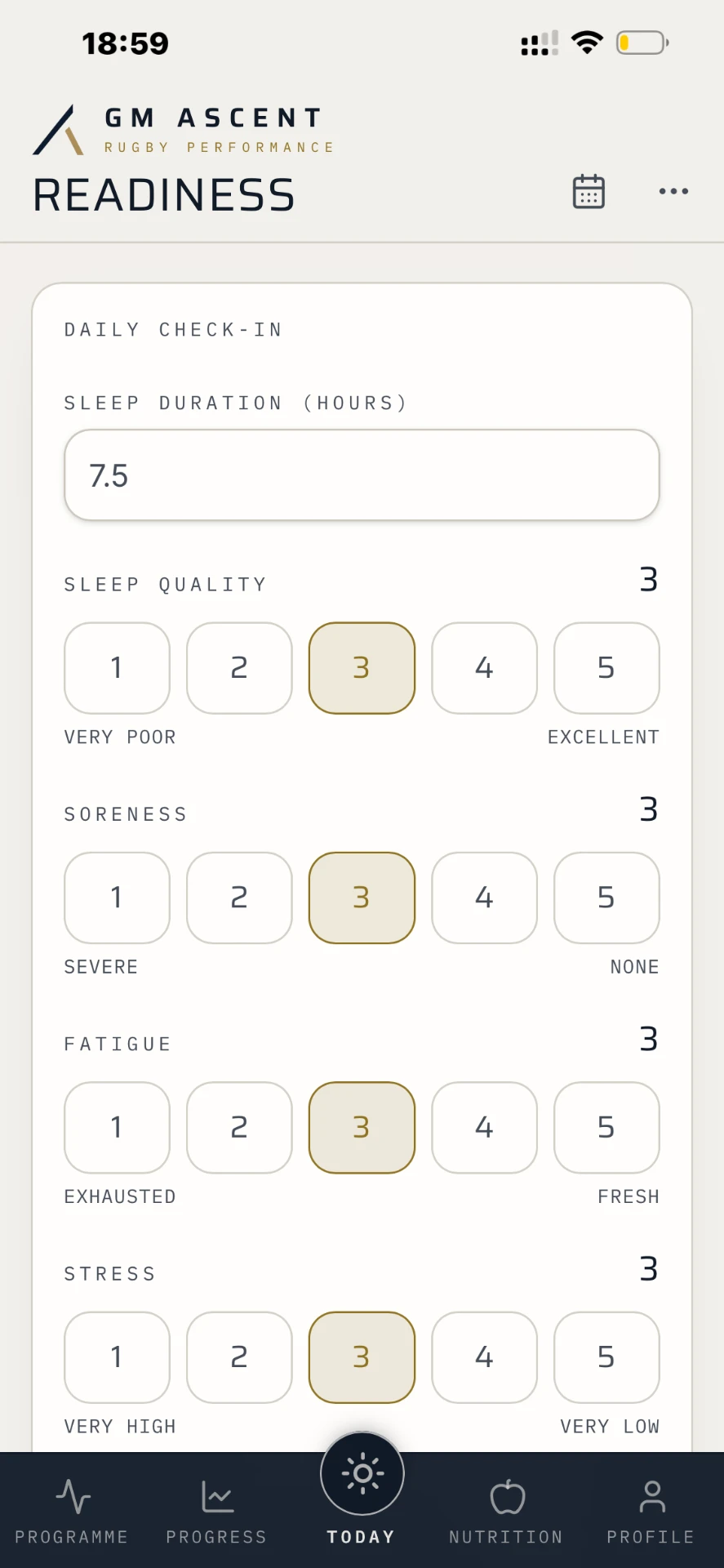 GM ASCENT player app — Daily readiness screen