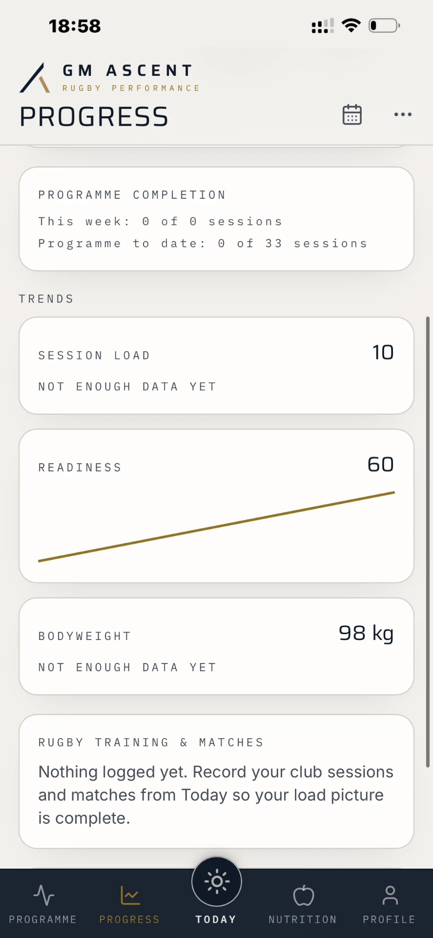 GM ASCENT player app — Progress screen
