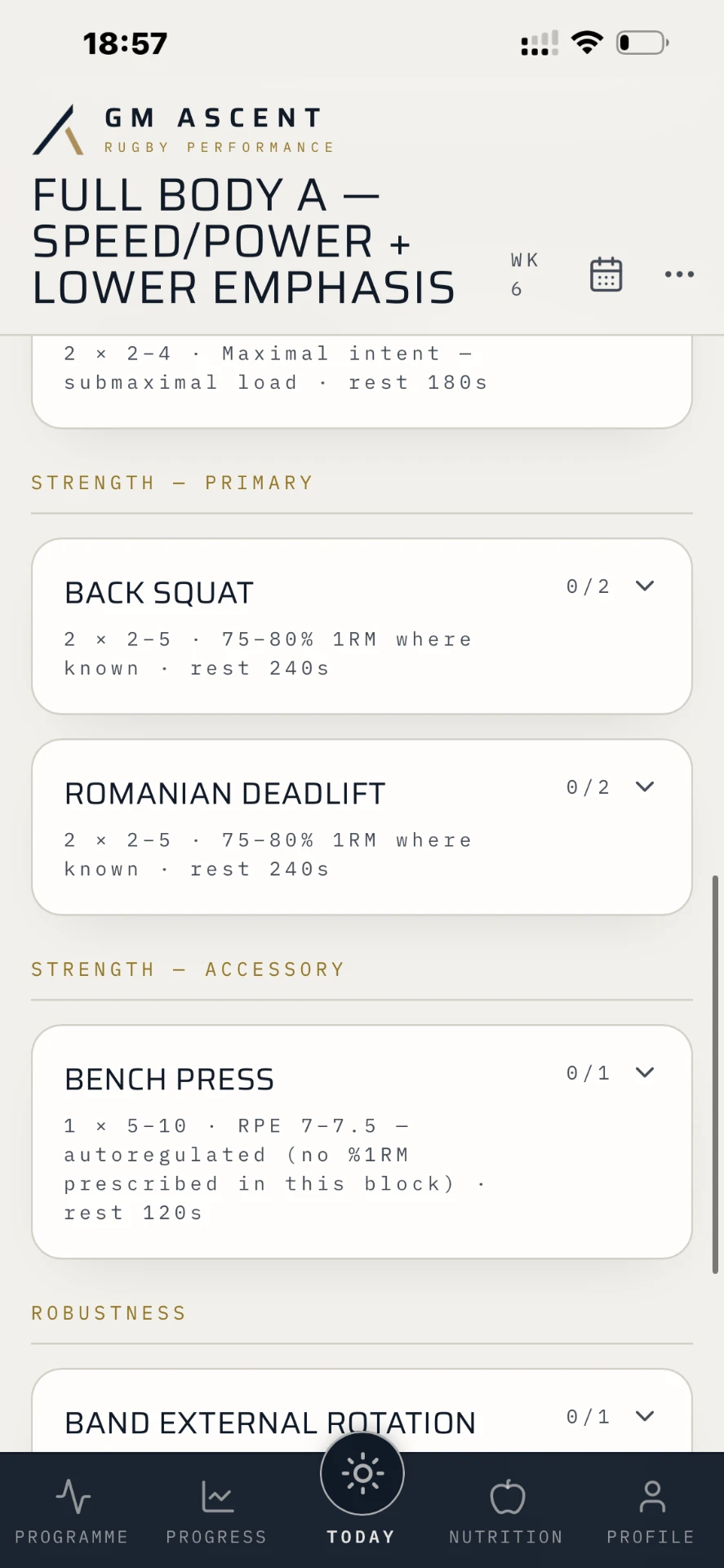 GM ASCENT player app — S&C session screen